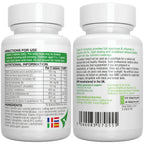 Two white supplement bottles with labels showing directions for use, nutritional information, and ingredients.