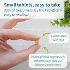 Hand holding a small tablet with text about swallowing ease and usage instructions.