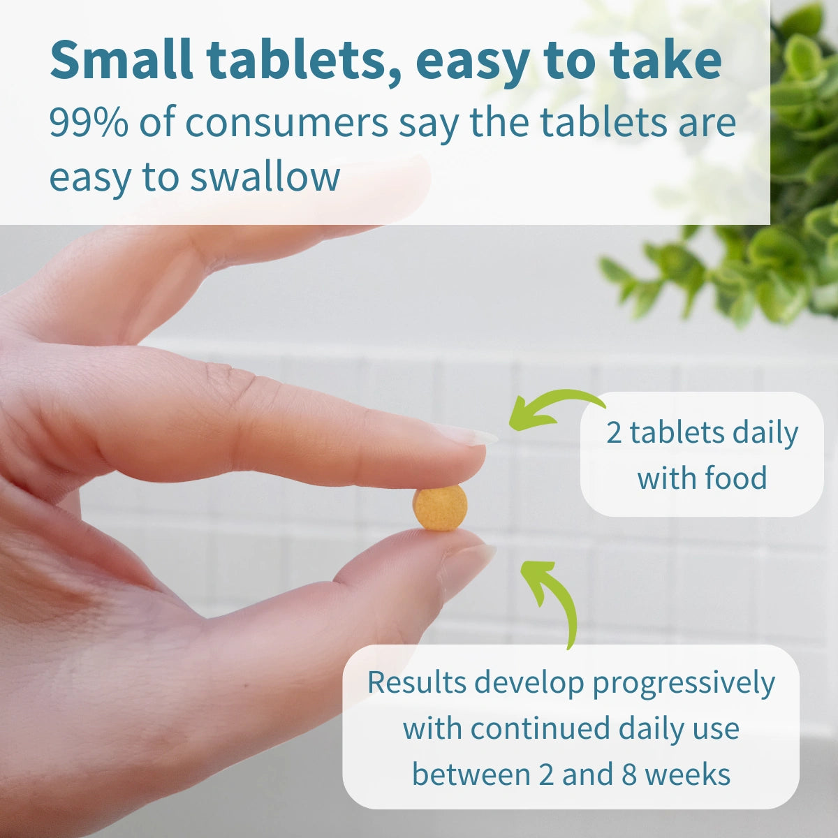 Hand holding a small tablet with text about swallowing ease and usage instructions.