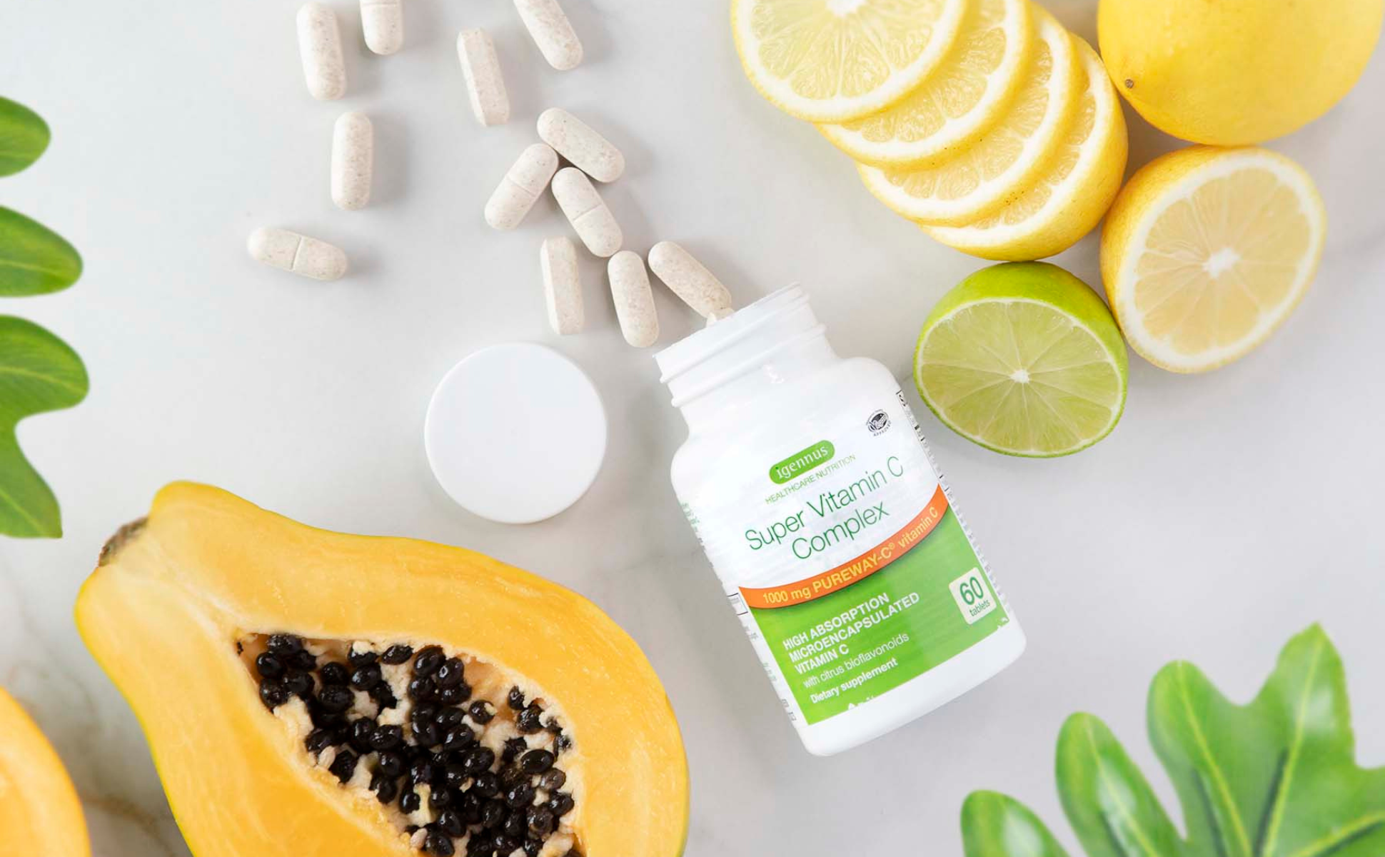 Vitamin C bottle with lemon