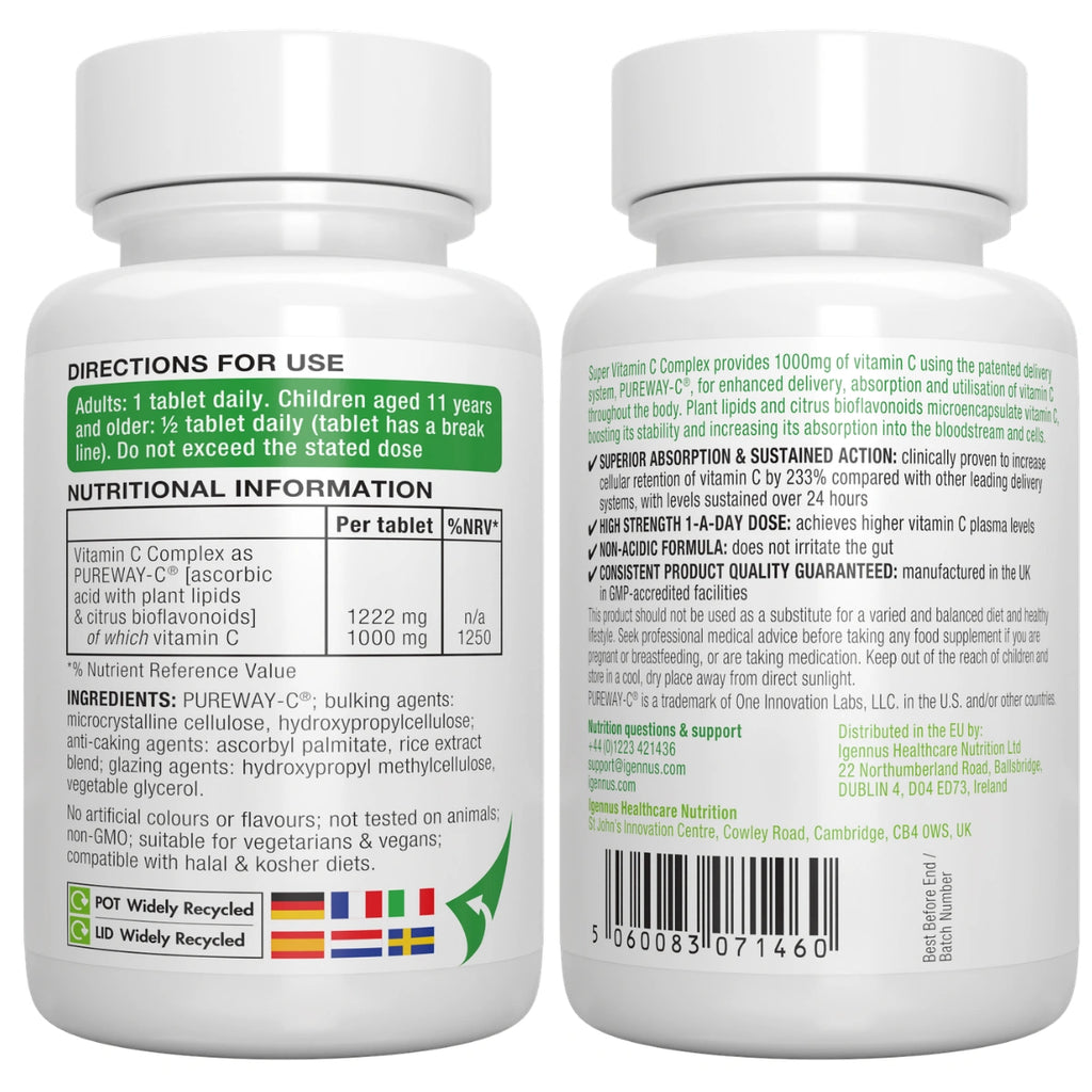 Two white supplement bottles with labels showing directions for use and nutritional information.