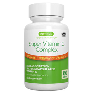 A white plastic bottle of Igennus Super Vitamin C Complex dietary supplement.
