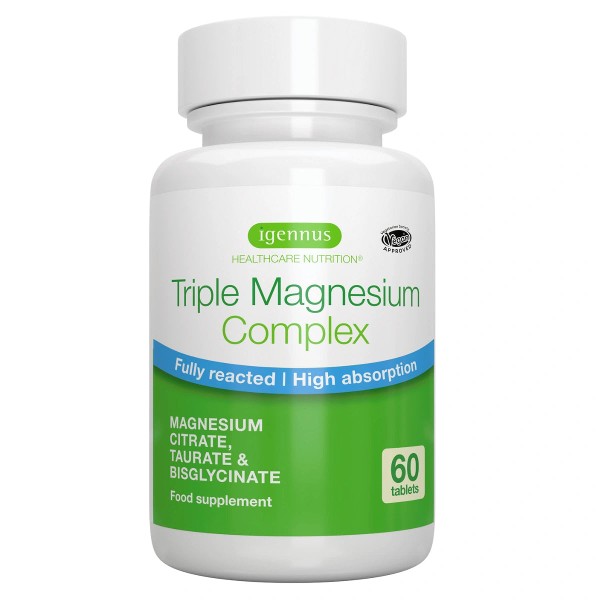 Supplement bottle labeled 'Triple Magnesium Complex' by Igennus on a white background