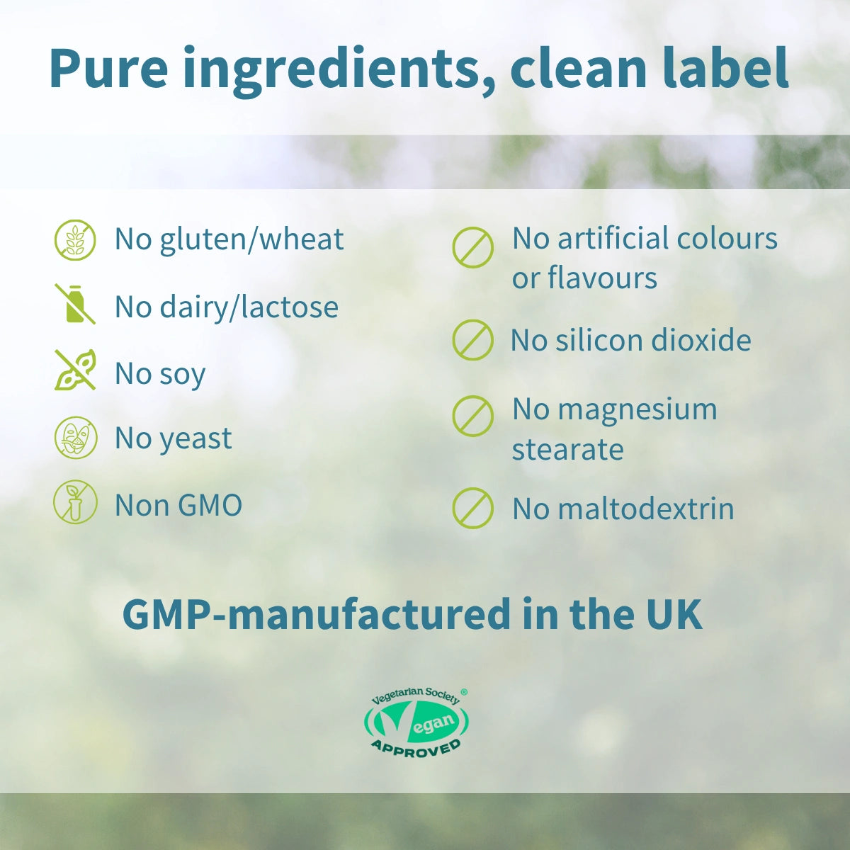 List of pure ingredients and manufacturing details on a green blurred background