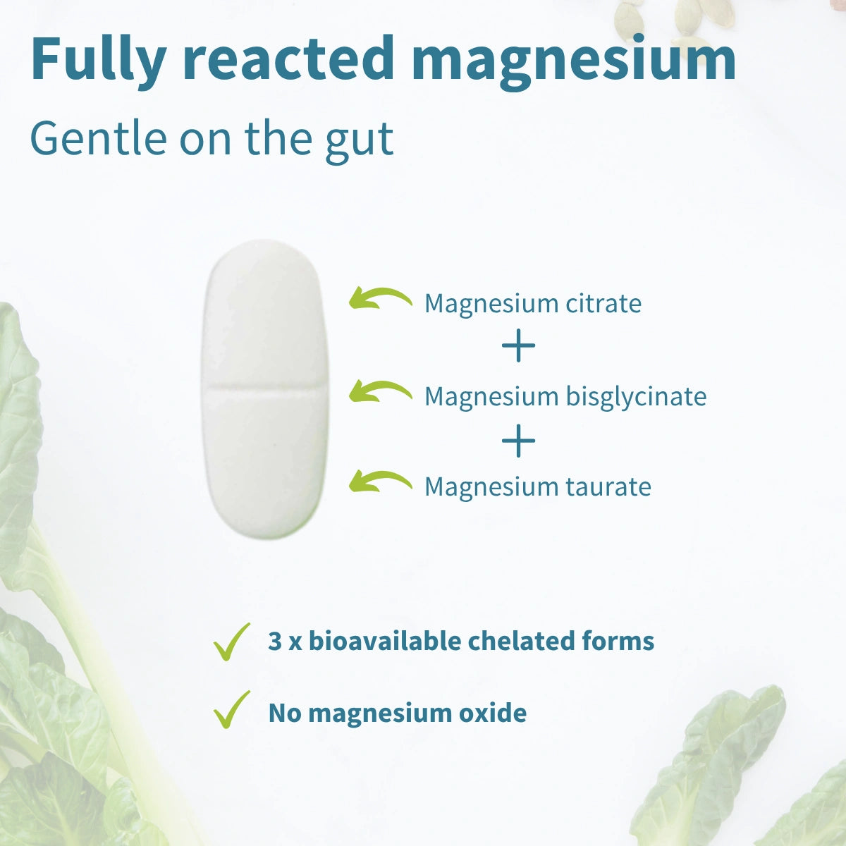 Product packaging with text about fully reacted magnesium and its benefits on a white background.