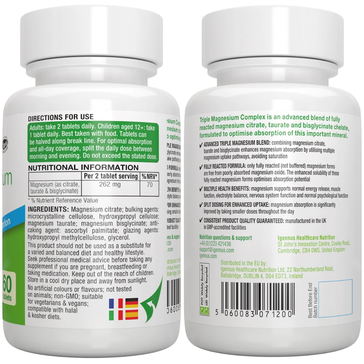 Two bottles of a supplement with labels showing directions for use and nutritional information.