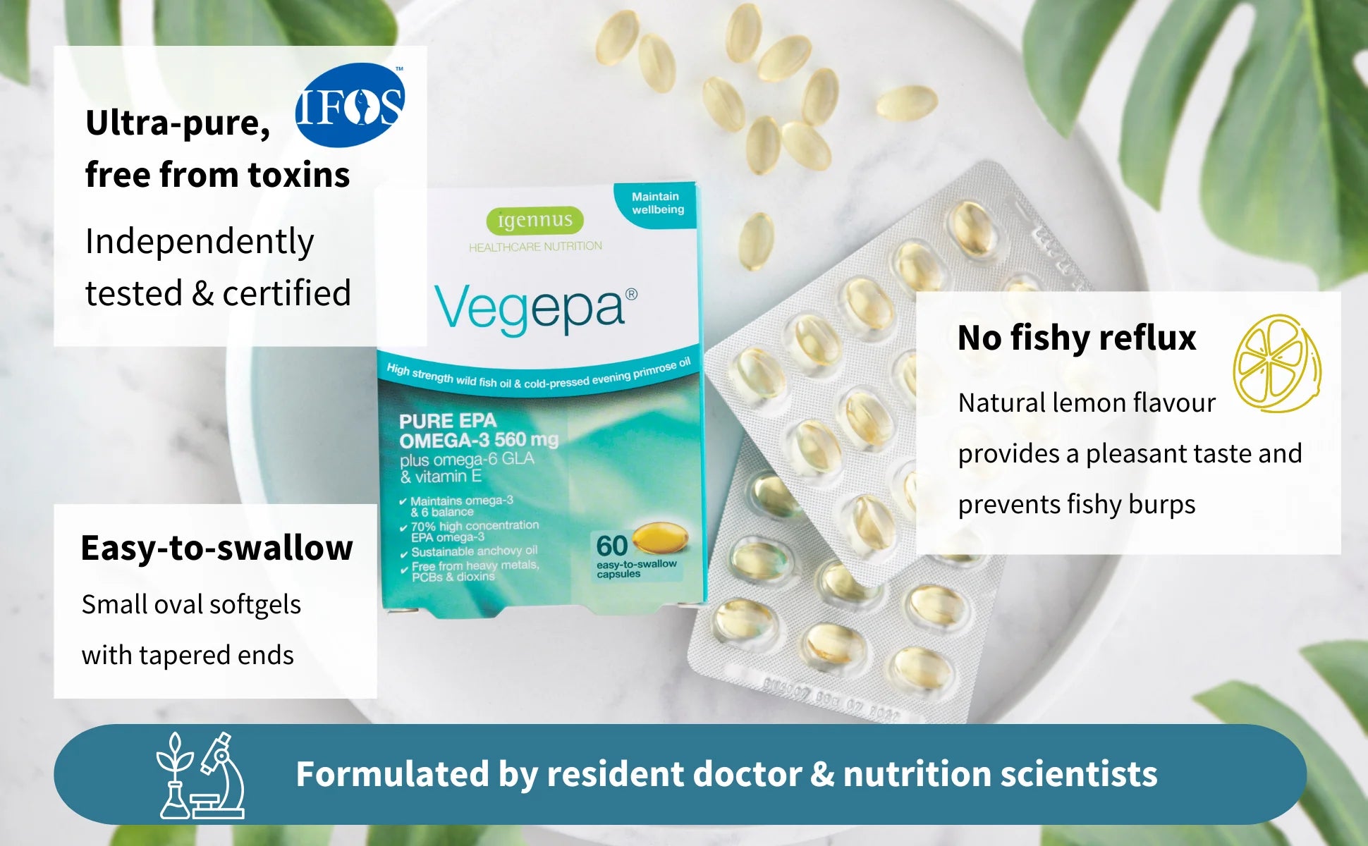Vegepa supplement packaging with pills and text highlighting features on a white background.