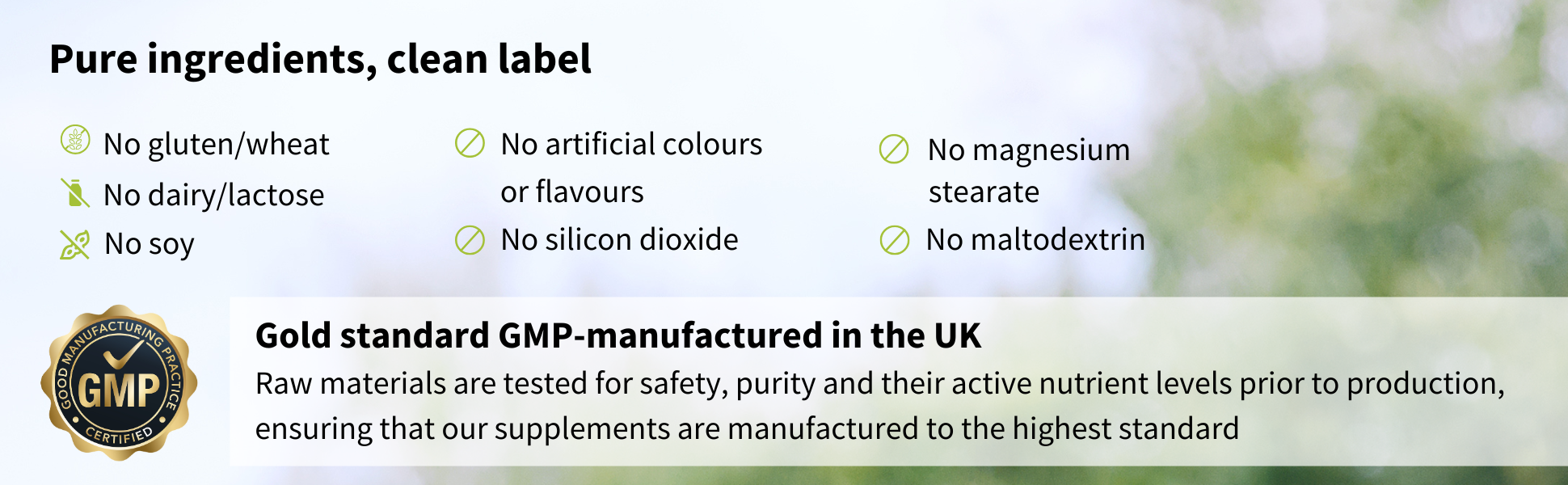 Product label with pure ingredients and manufacturing details on a blurred natural background