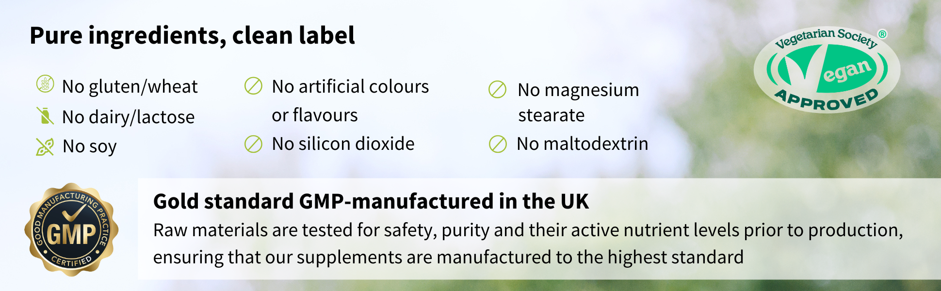 Product label with purity claims and certification logos on a blurred background