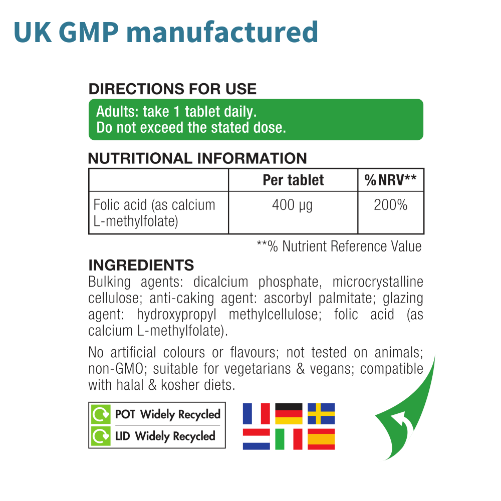 B9 Clean Pure L-Methylfolate 400mcg, Vegan & Clean Label, Methylated Form of ...