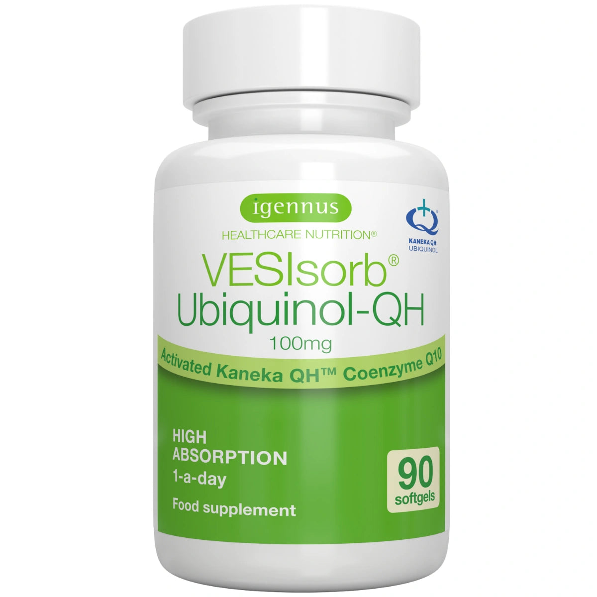 Veslsorb Ubiquinol-QH supplement bottle with green and white label on a white background