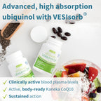 Veslsorb Ubiquinol supplement with chia seeds, berries, and a smoothie on a white background.