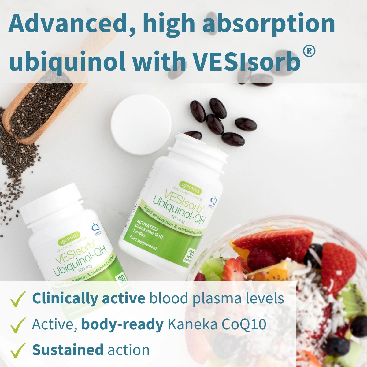 Veslsorb Ubiquinol supplement with chia seeds, berries, and a smoothie on a white background.
