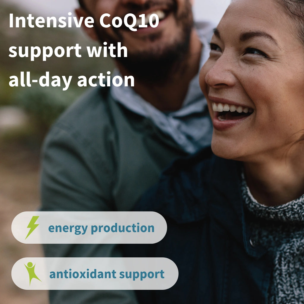 Two people smiling outdoors with text about Intensive CoQ10 support and benefits.