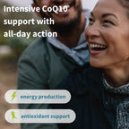 Two people smiling outdoors with text about Intensive CoQ10 support and benefits.
