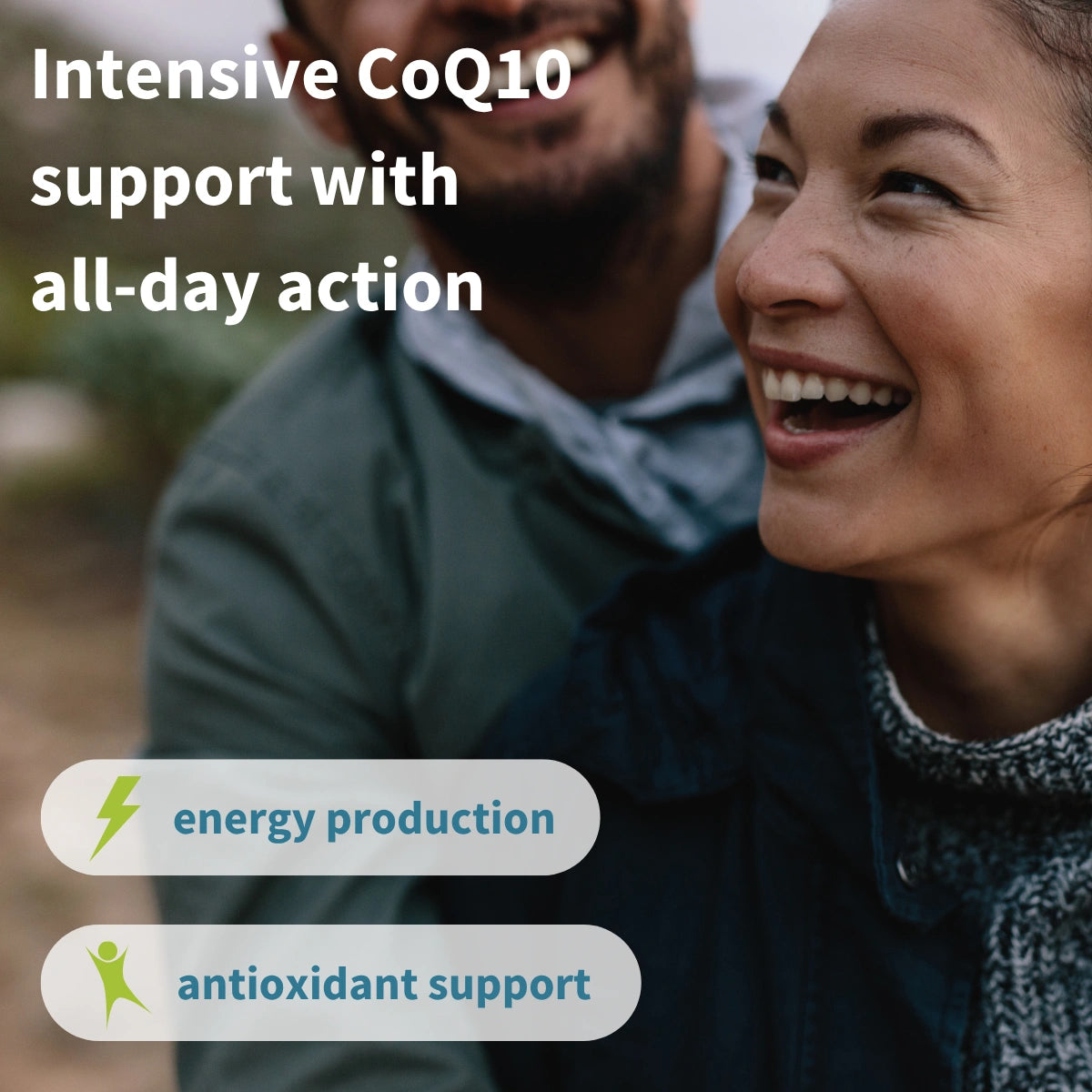 Two people smiling outdoors with text about Intensive CoQ10 support and benefits.