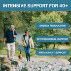 Two people walking a dog on a path with text about intensive support for 40+ years, focusing on energy production, mitochondrial support, and antioxidant support.
