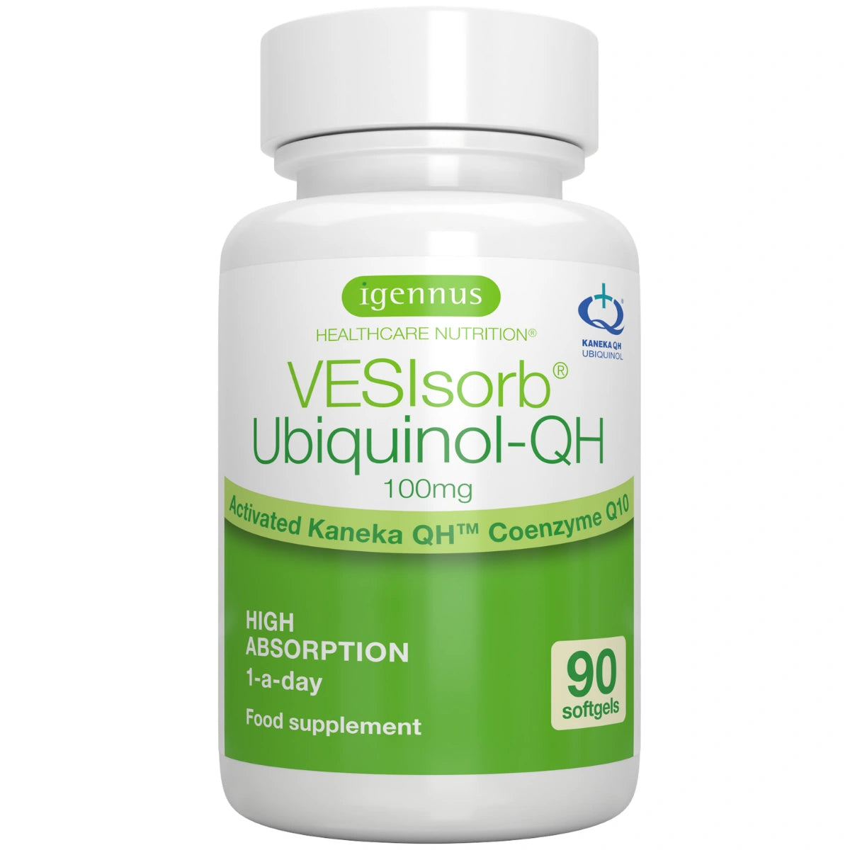 Veslsorb Ubiquinol-QH supplement bottle with green and white label on a white background