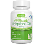 VesIsorb Ubiquinol-QH supplement bottle with green and white label on a white background