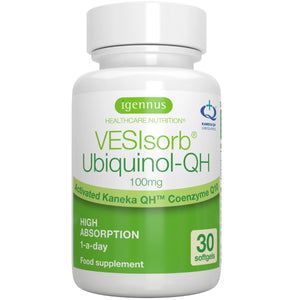 VesIsorb Ubiquinol-QH supplement bottle with green and white label on a white background