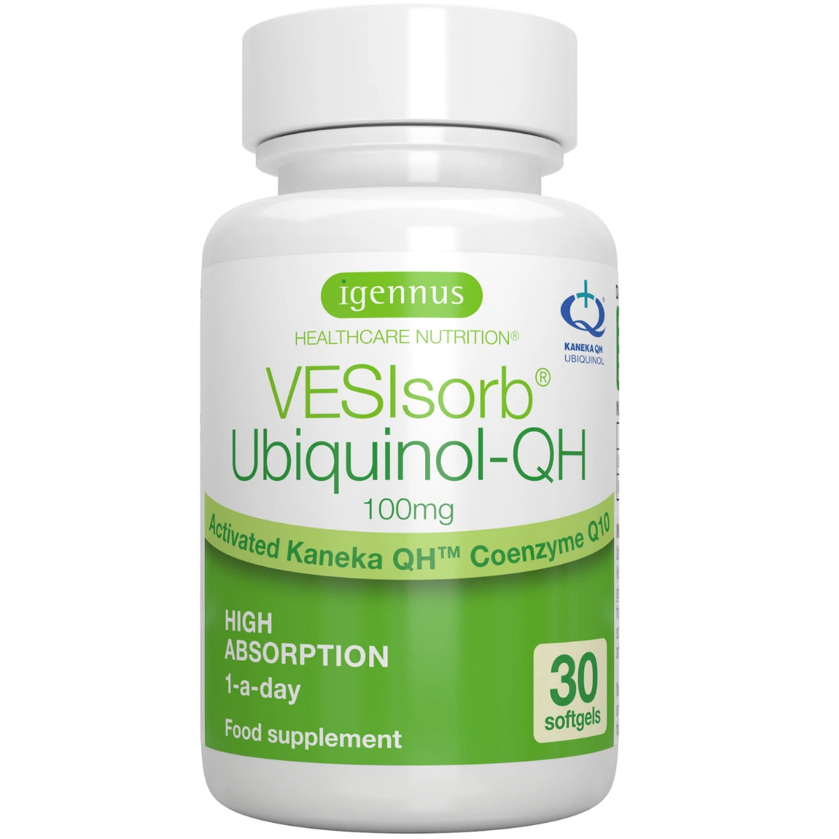 VesIsorb Ubiquinol-QH supplement bottle with green and white label on a white background