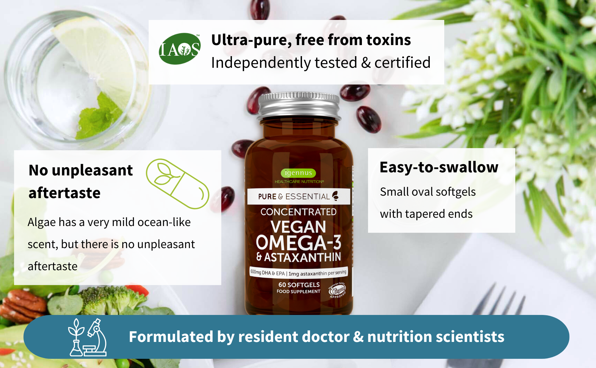 Vegan Omega-3 and Astaxanthin supplement bottle with health benefits text on a white background