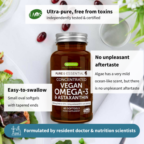 Vegan Omega-3 supplement bottle with text highlighting features on a blurred natural background