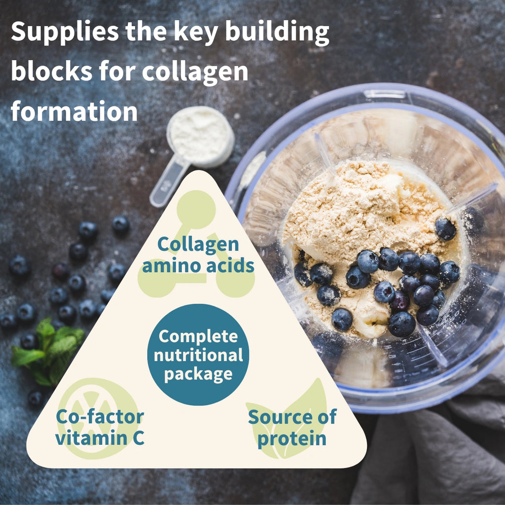 Blender with ingredients and a diagram of collagen building blocks on a dark surface.