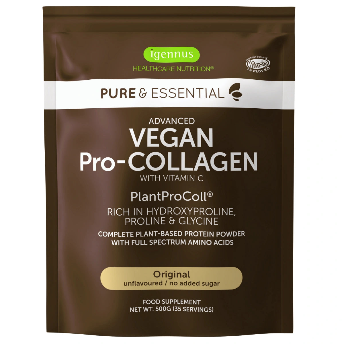Package of igennus Pure & Essential Vegan Pro-Collagen on a white background