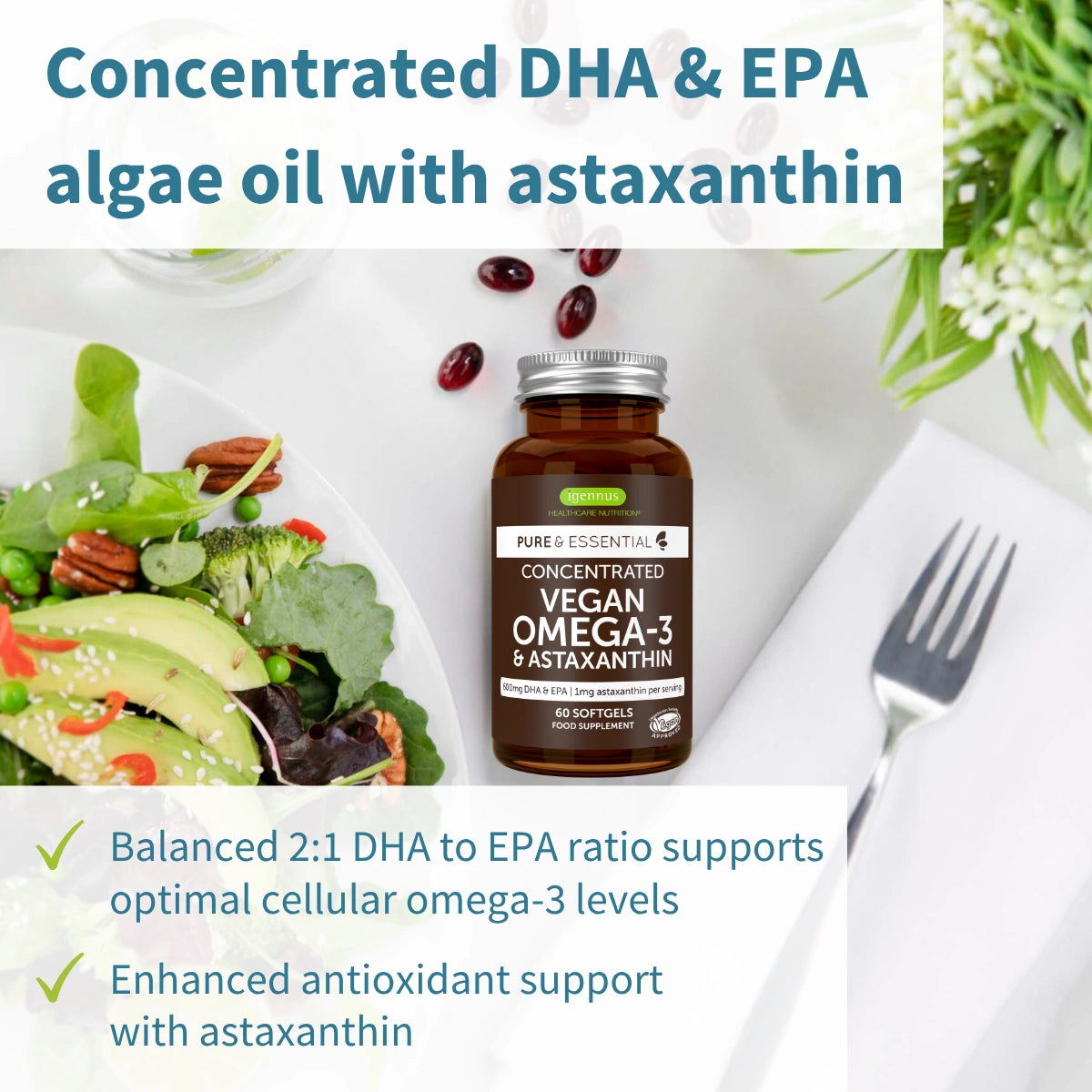 Vegan Omega-3 & Astaxanthin supplement bottle with salad and ingredients on a table.