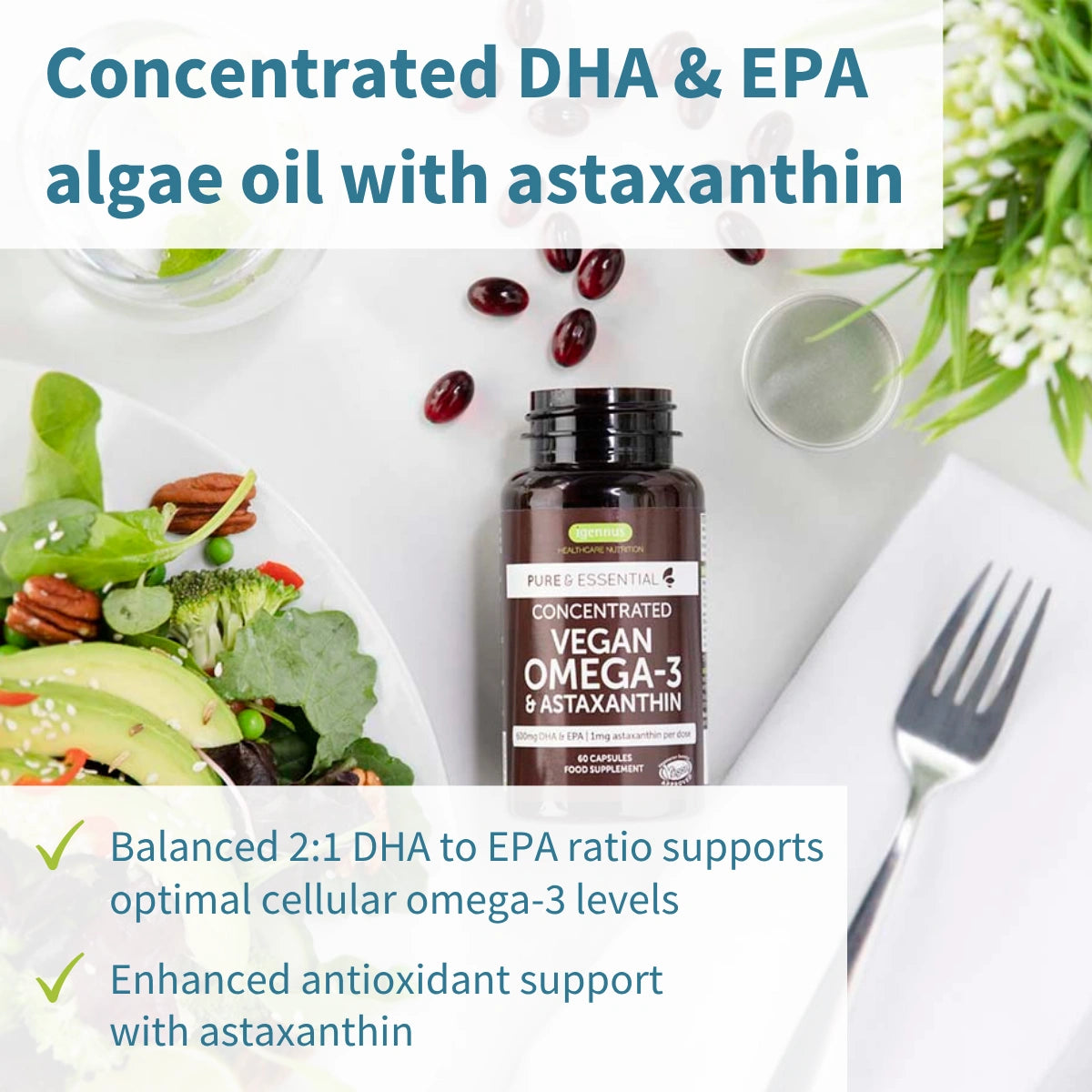 Vegan Omega-3 DHA & EPA 600mg & Astaxanthin, 60-180 Softgels