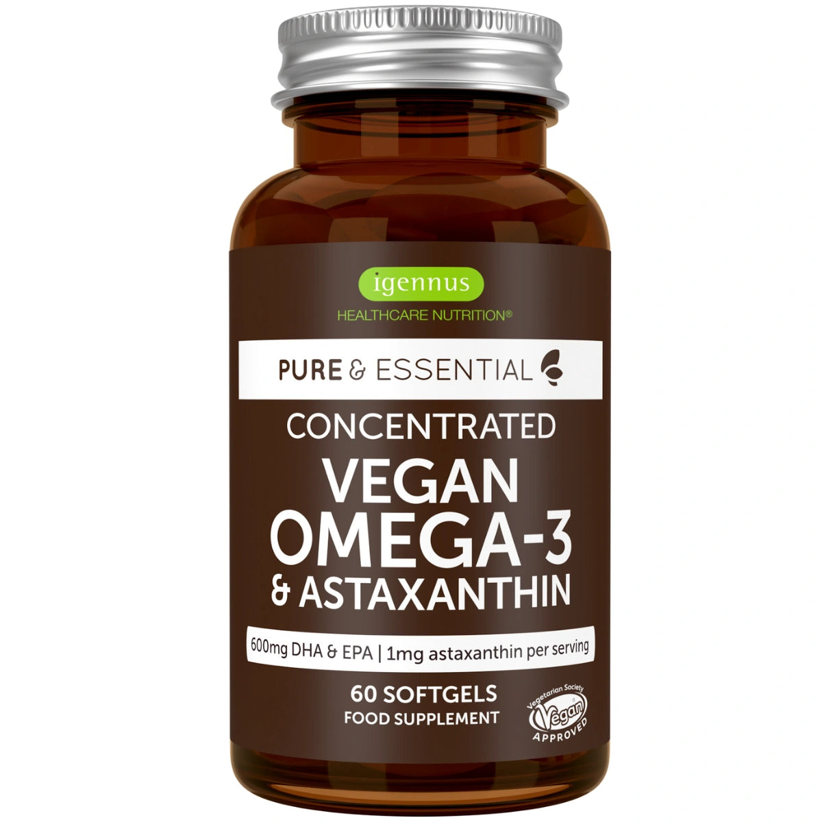 Vegan Omega-3 and Astaxanthin supplement bottle with brown label on white background