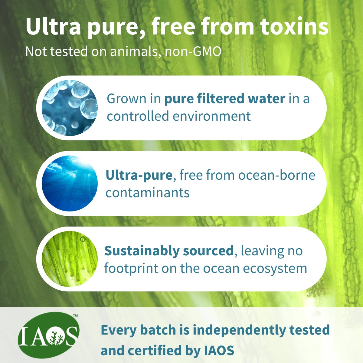 Advertisement for ultra-pure, toxin-free product with IAOS certification on a green background.