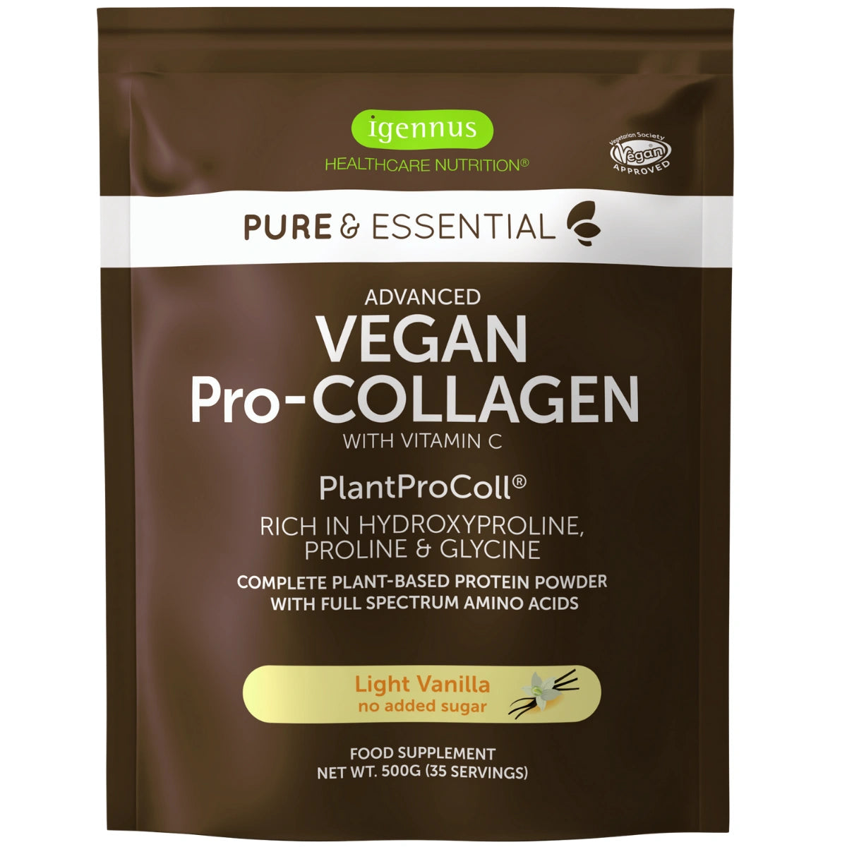 Vegan Pro-Collagen Protein Powder, Enhanced with Glycine, Proline & Hydroxyproline & Vitamin C, Original or Light Vanilla Flavour, 35 Servings