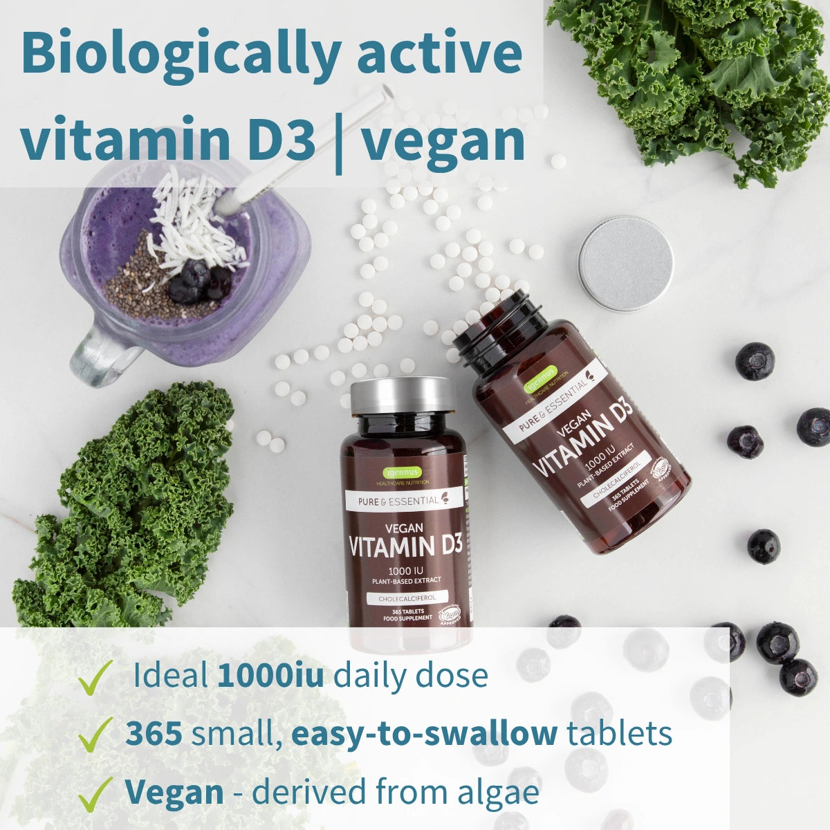 Vegan vitamin D3 supplement bottles with health benefits text on a white background