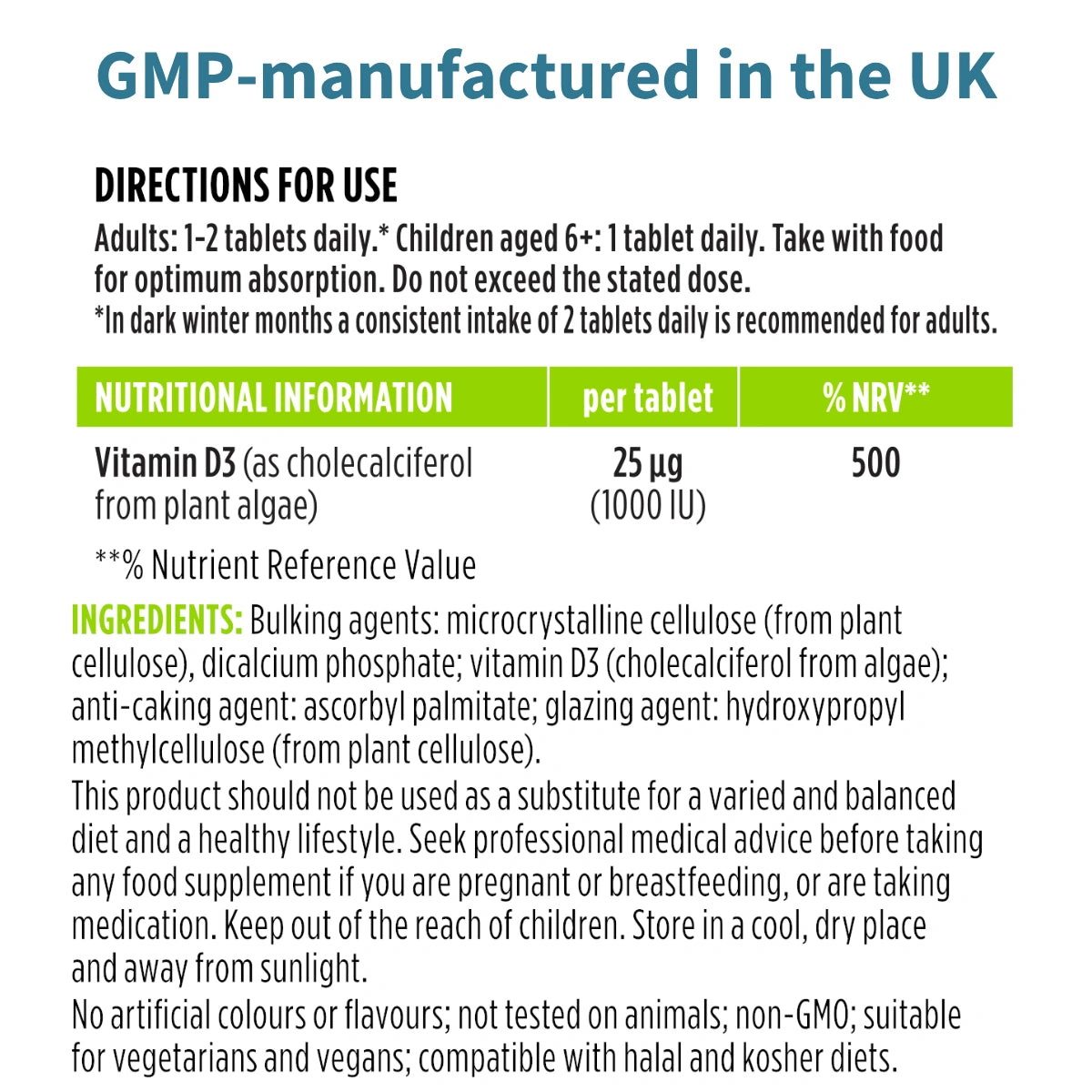 Vitamin D3 supplement label with directions for use and nutritional information.
