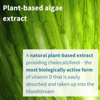 Close-up of green algae with text about plant-based algae extract and cholecalciferol.