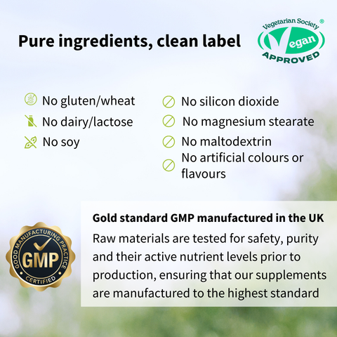 Product label with purity claims, certification logos, and text about manufacturing practices on a blurred natural background.