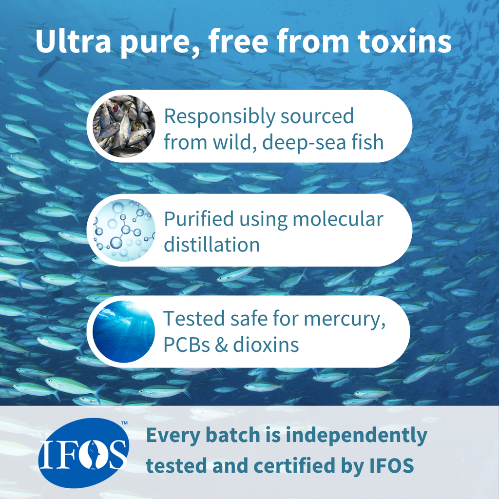 Advertisement for ultra-pure, toxin-free product with deep-sea fish background and IFOS certification.