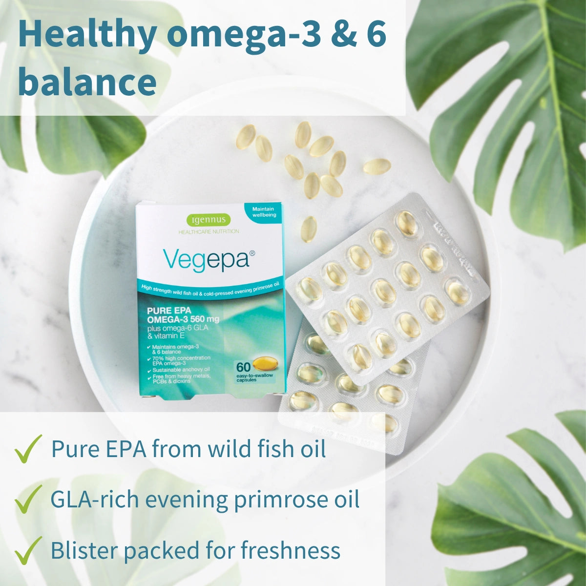 Vegepa omega-3 supplement packaging with pills on a white background with green leaves.