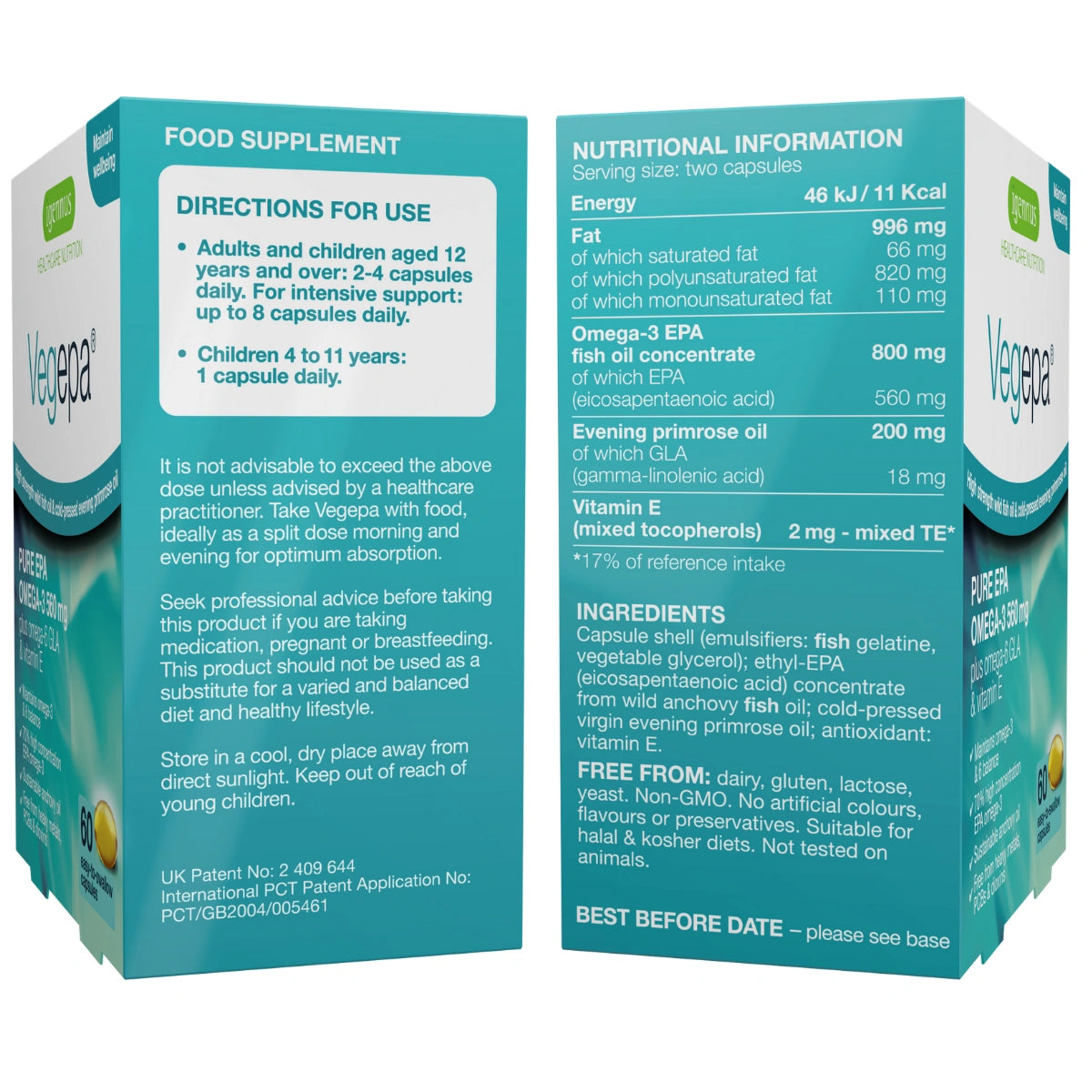 Vegepad food supplement packaging with directions and nutritional information.