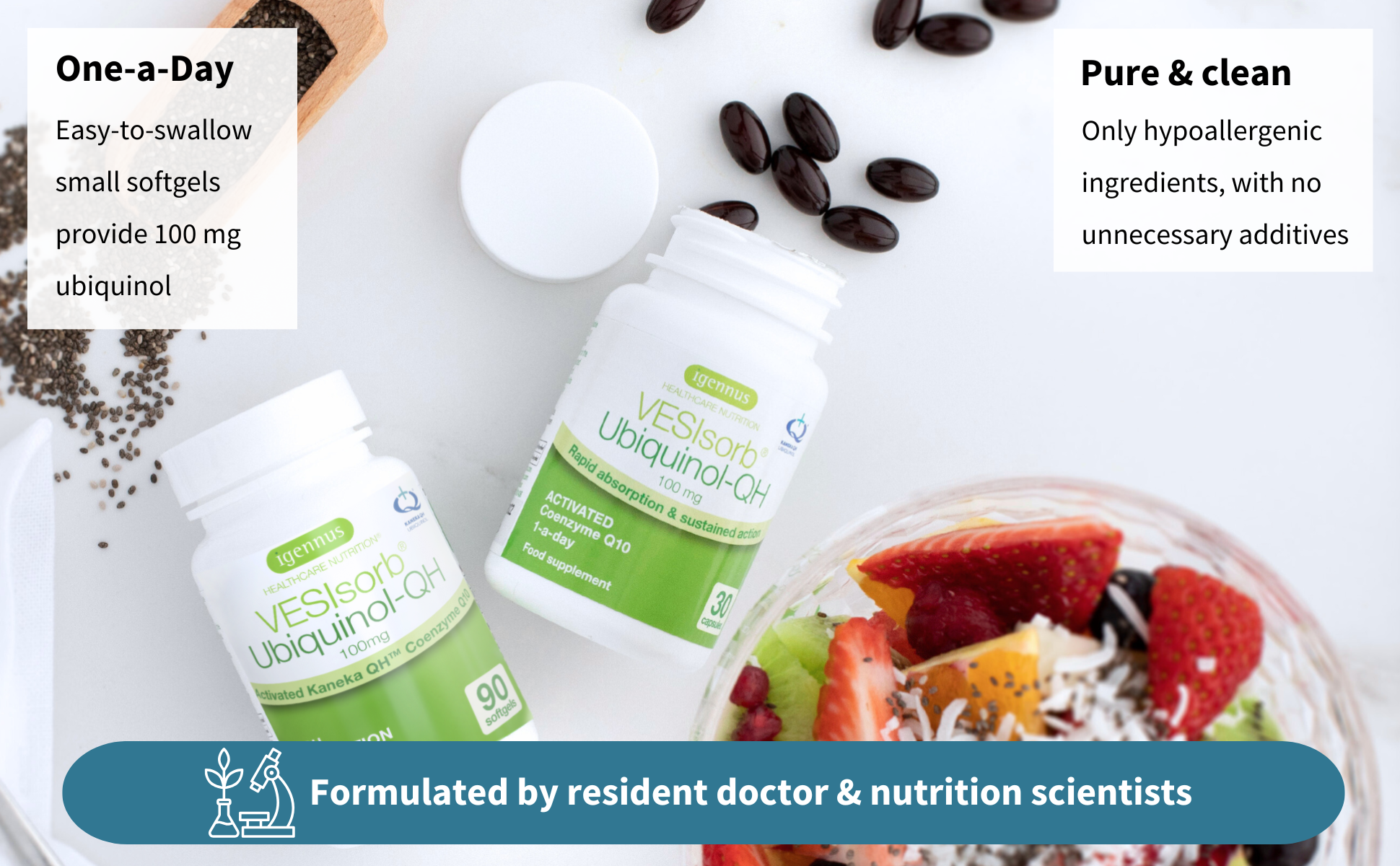Vesanto Ubiquinol-Oil supplement bottles with a fruit salad and seeds on a white background.