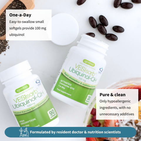 Vesilife Ubiquinol-OH supplement bottles with text about purity and formulation details.