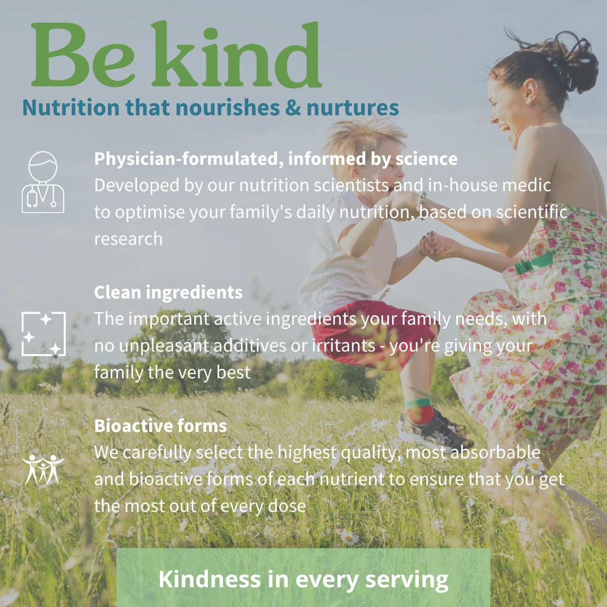 Advertisement for a nutrition product with a woman and child in a field, promoting 'Be kind' nutrition.
