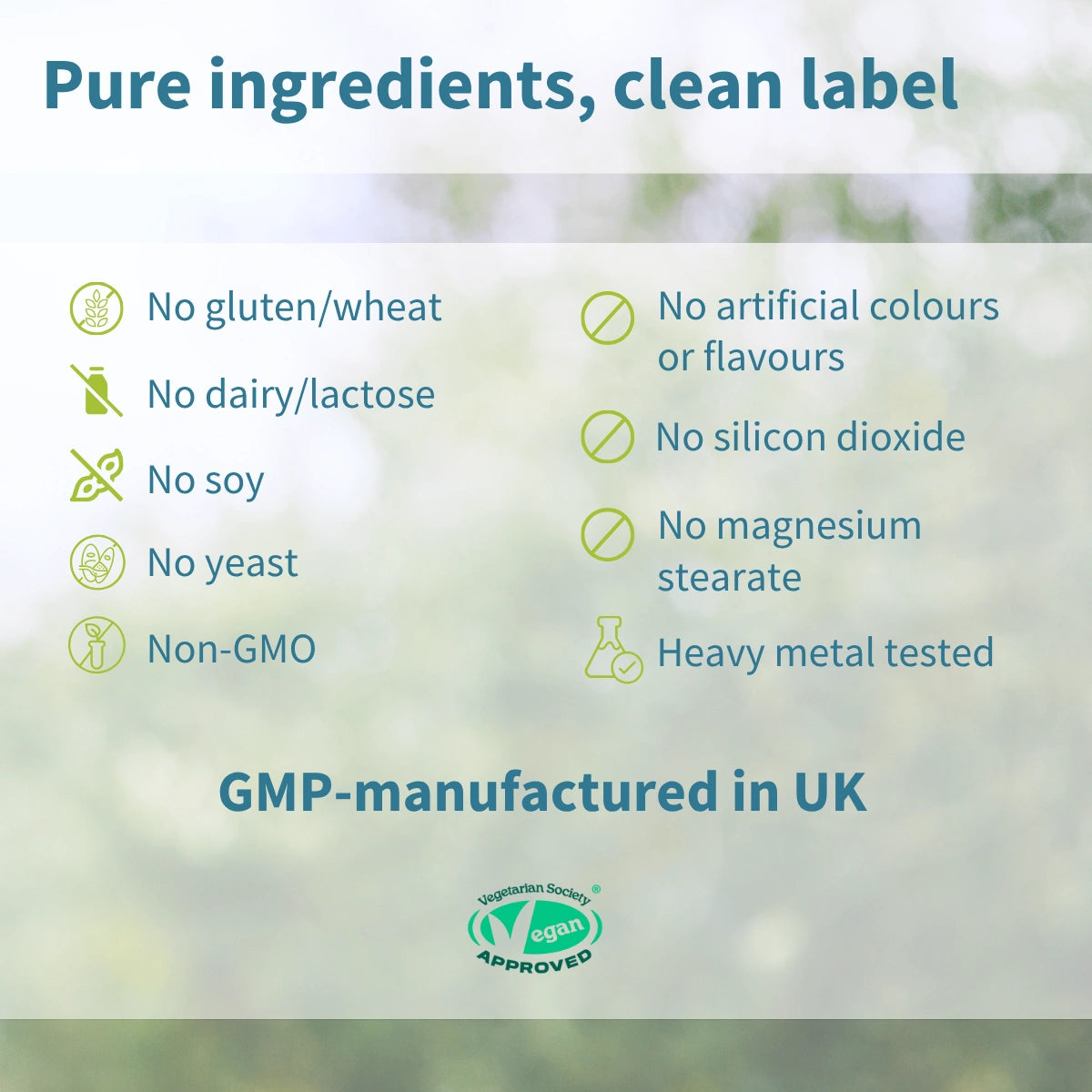List of product ingredients with a green background and 'Vegan Approved' logo.