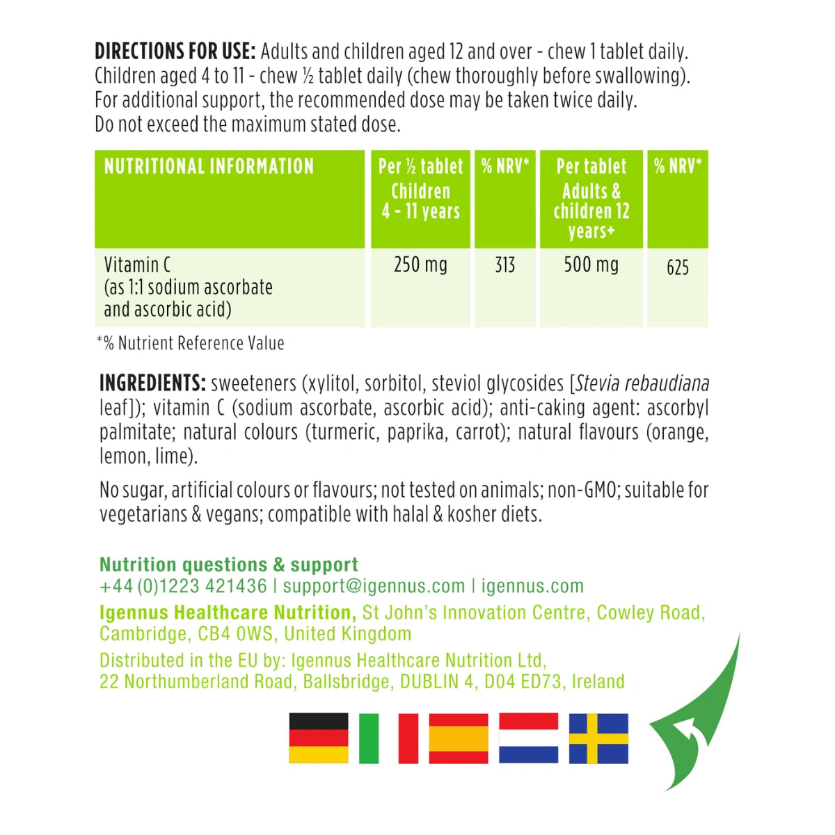 Nutritional information and directions for use label on a white background