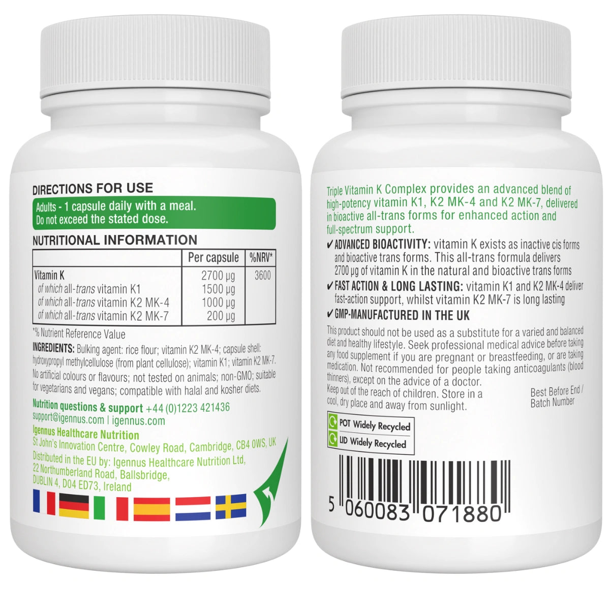 Triple Vitamin K Complex 2700 mcg, High Strength Vitamin K1 & K2 (MK-4 & MK-7), Bioactive Natural Forms, Clean Label, Vegan, 90 Capsules