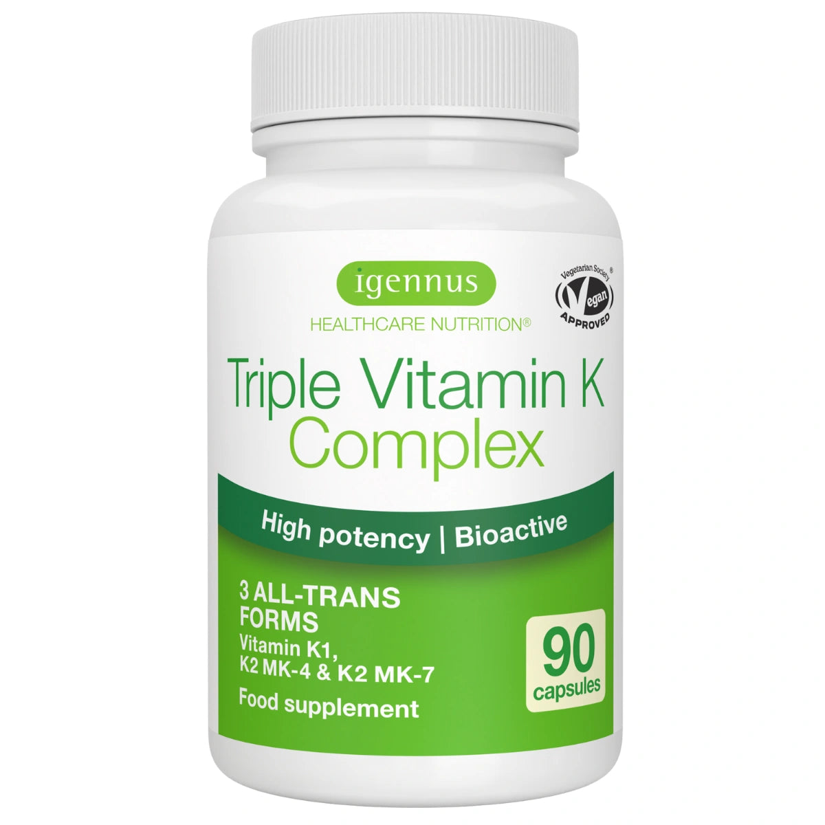 Triple Vitamin K Complex 2700 mcg, High Strength Vitamin K1 & K2 (MK-4 & MK-7), Bioactive Natural Forms, Clean Label, Vegan, 90 Capsules