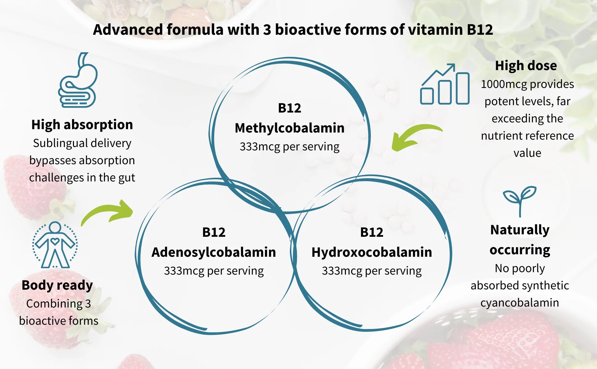 Vitamin B12 supplement information graphic with three bioactive forms and their benefits.
