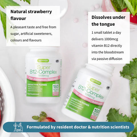 Vitamin B12 complex supplement with strawberry flavor, surrounded by strawberries and greens.